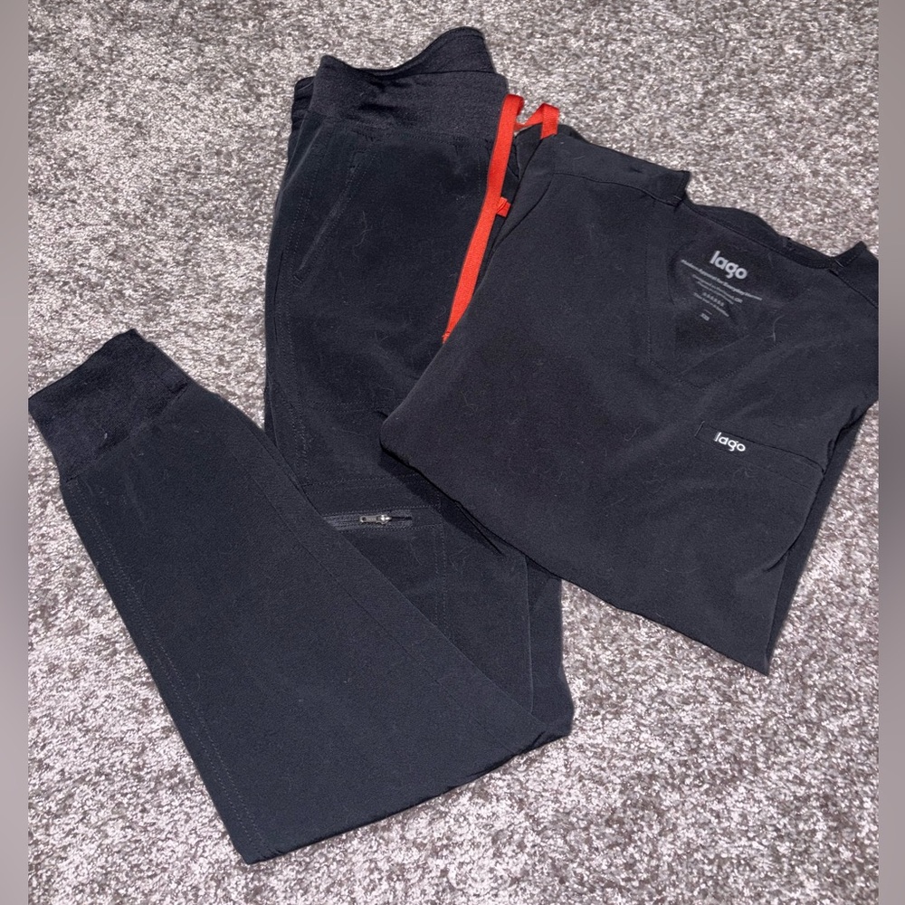 Black Scrub Set with Red/orange Accent